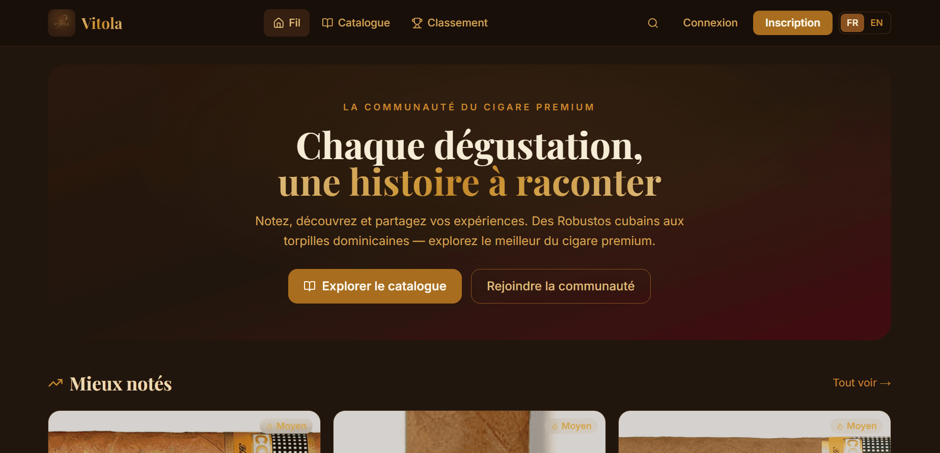 Aperçu du site Vitola, application communautaire de reviews de cigares